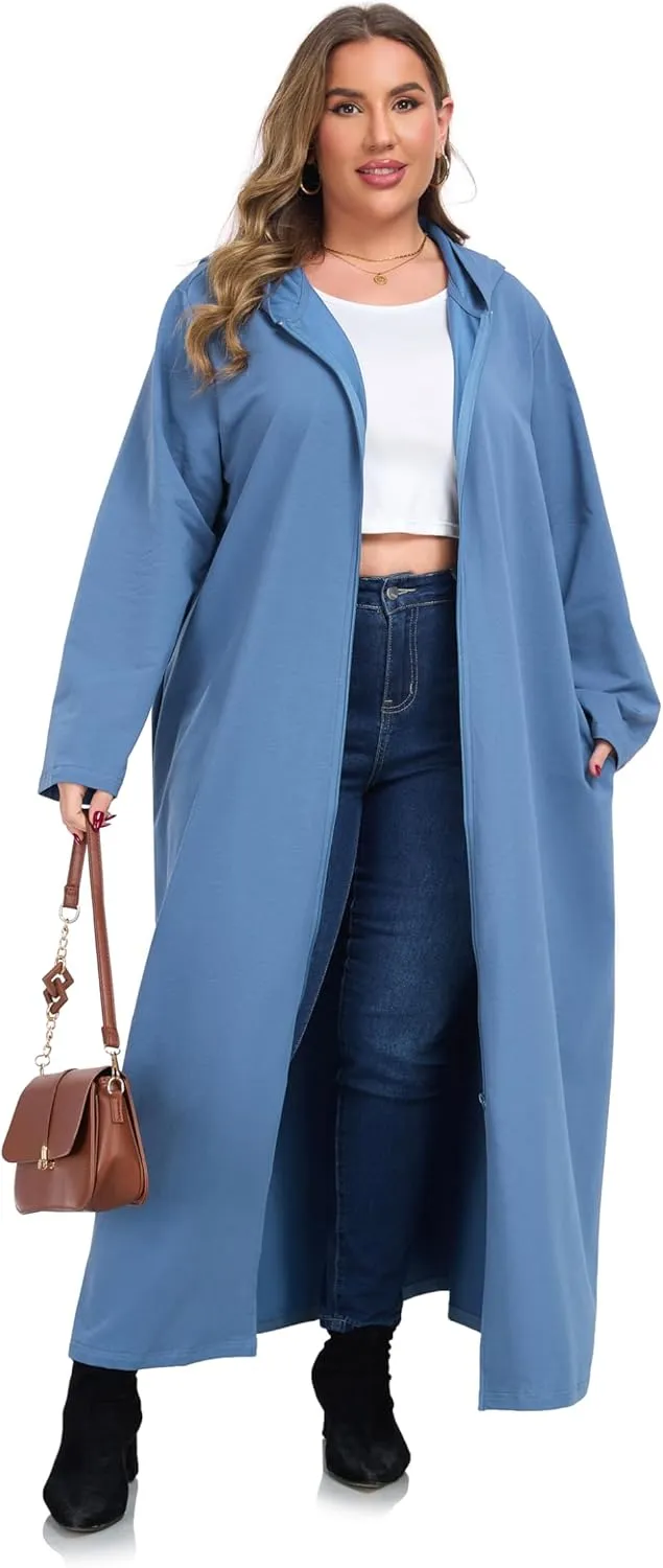 VintageClothing Women Hooded Zipper Robe Plus Size Zip Up Sweatshirt Robe Long Zipper Front Housecoat with Pockets S-4X