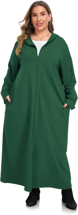 VintageClothing Women Hooded Zipper Robe Plus Size Zip Up Sweatshirt Robe Long Zipper Front Housecoat with Pockets S-4X