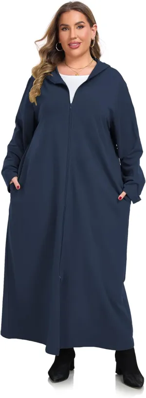 VintageClothing Women Hooded Zipper Robe Plus Size Zip Up Sweatshirt Robe Long Zipper Front Housecoat with Pockets S-4X