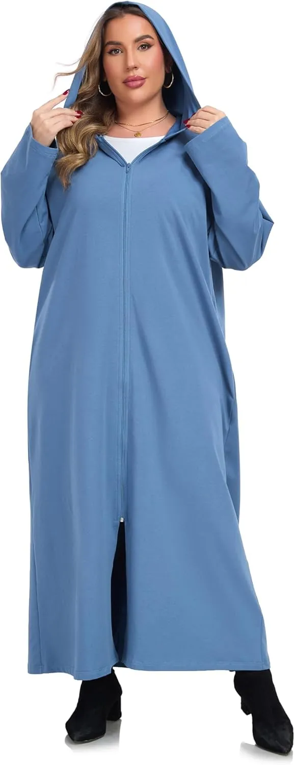 VintageClothing Women Hooded Zipper Robe Plus Size Zip Up Sweatshirt Robe Long Zipper Front Housecoat with Pockets S-4X