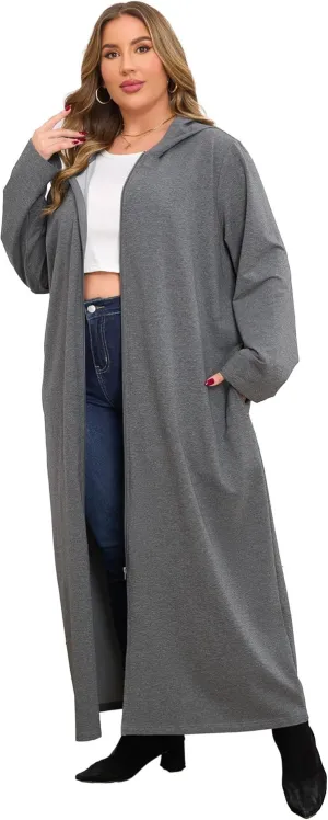 VintageClothing Women Hooded Zipper Robe Plus Size Zip Up Sweatshirt Robe Long Zipper Front Housecoat with Pockets S-4X