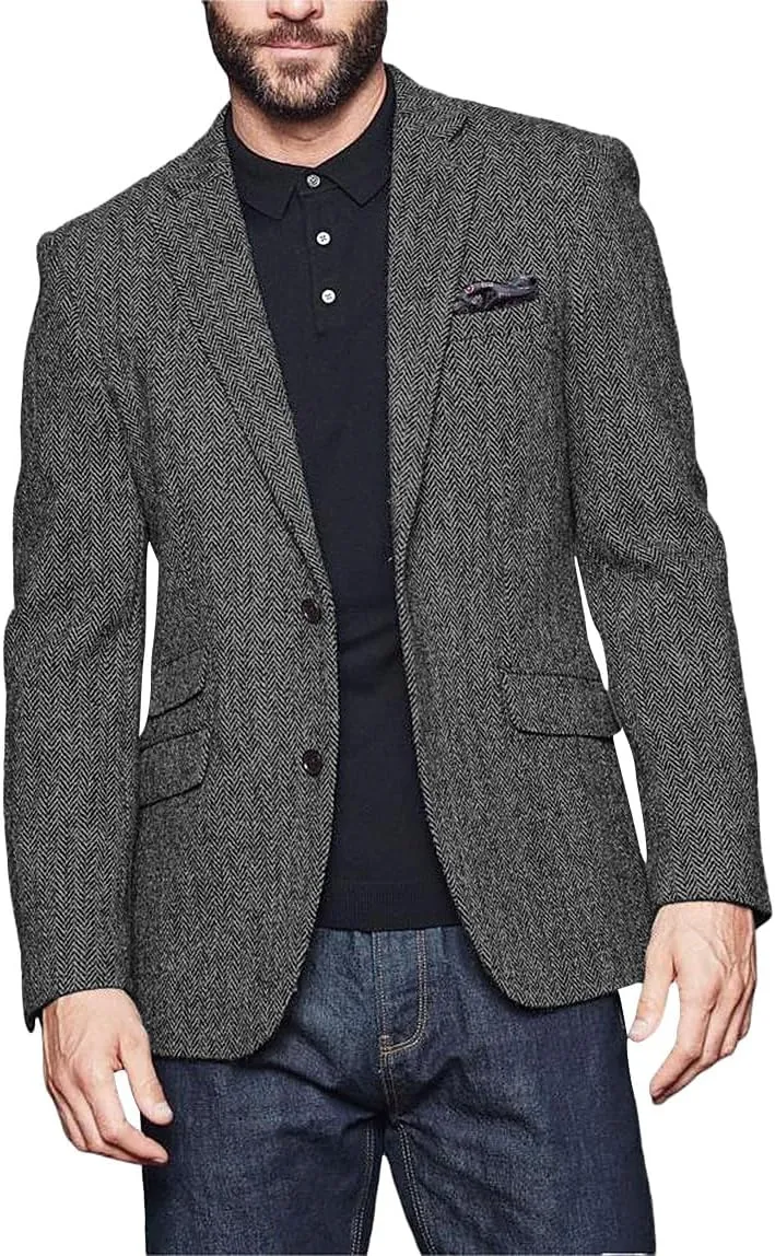 Wangyue Men's Slim Fit Herringbone Tweed Blazer Jacket Casual Sport Coat Bussiness Groomsmen Prom Autumn Jackets