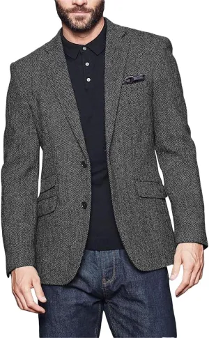 Wangyue Men's Slim Fit Herringbone Tweed Blazer Jacket Casual Sport Coat Bussiness Groomsmen Prom Autumn Jackets
