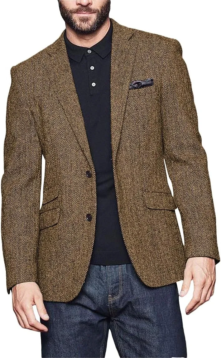 Wangyue Men's Slim Fit Herringbone Tweed Blazer Jacket Casual Sport Coat Bussiness Groomsmen Prom Autumn Jackets