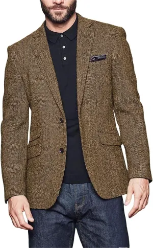 Wangyue Men's Slim Fit Herringbone Tweed Blazer Jacket Casual Sport Coat Bussiness Groomsmen Prom Autumn Jackets