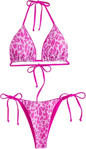 WDIRARA Women's Leopard Print Bikini Set Triangle Halter String Swimsuit Two Piece Bathing Suit