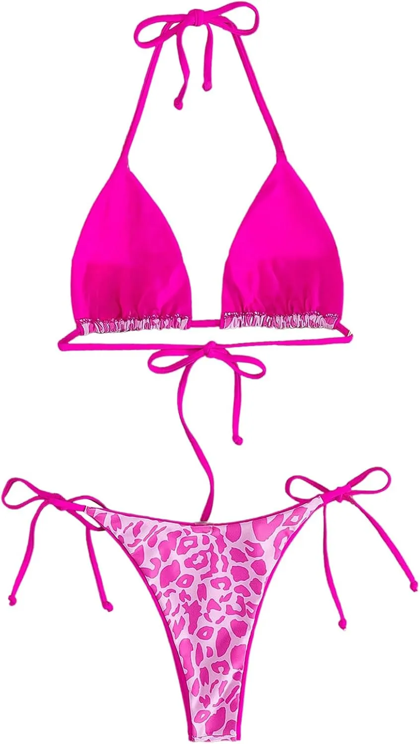 WDIRARA Women's Leopard Print Bikini Set Triangle Halter String Swimsuit Two Piece Bathing Suit