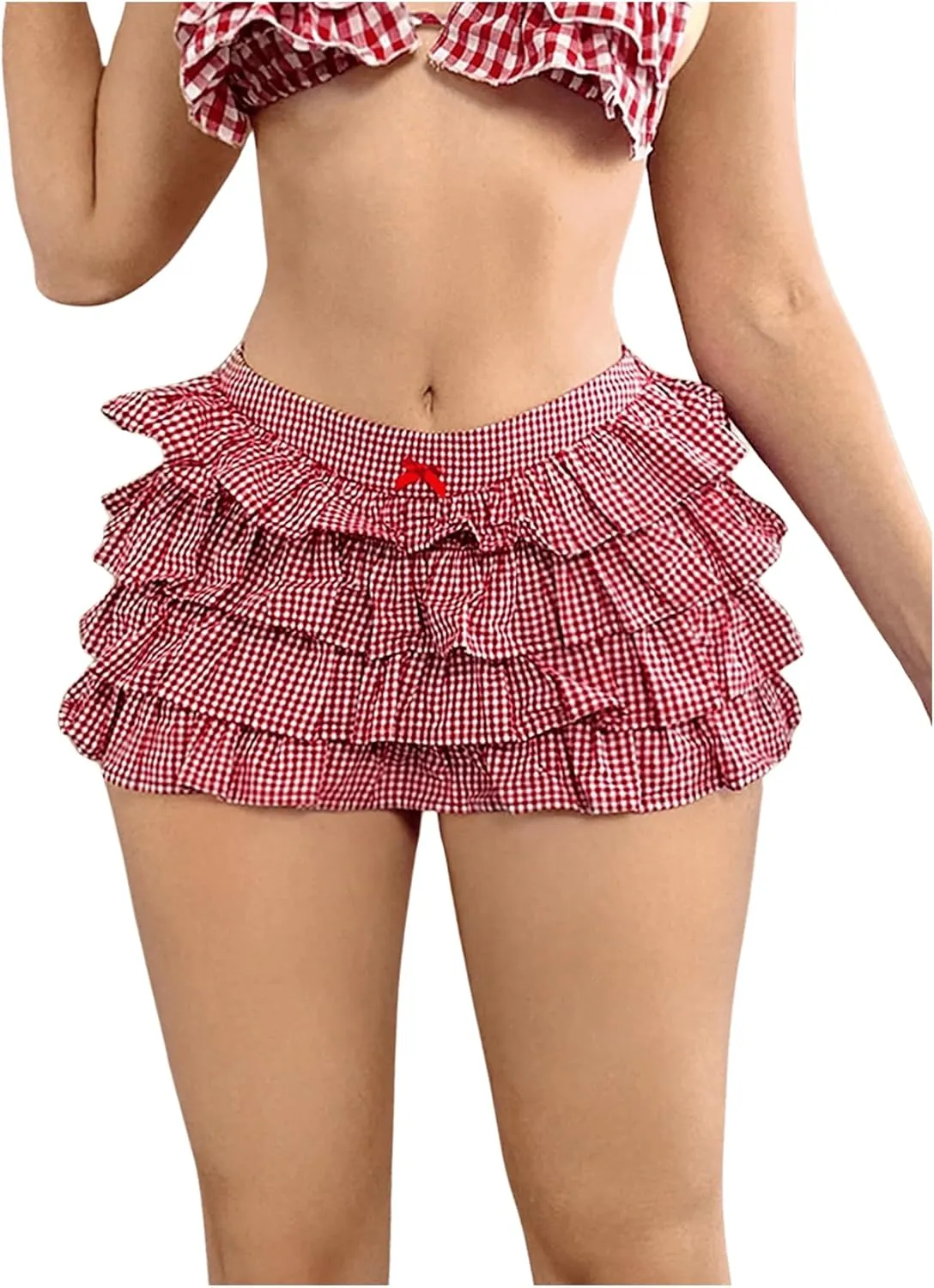 WDIRARA Women's Plaid Layered Mini Shorts Low Rise Gingham Ruffle Hem Bow Bloomer Skorts
