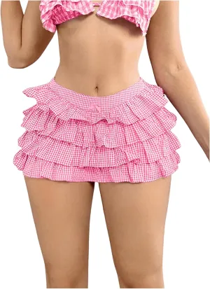 WDIRARA Women's Plaid Layered Mini Shorts Low Rise Gingham Ruffle Hem Bow Bloomer Skorts
