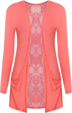 WearAll New Ladies Lace Back Open Cardigan Womens Pocket Long Sleeve Boyfriend Top 4-10