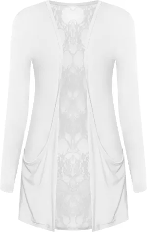 WearAll New Ladies Lace Back Open Cardigan Womens Pocket Long Sleeve Boyfriend Top 4-10