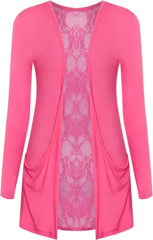 WearAll New Ladies Lace Back Open Cardigan Womens Pocket Long Sleeve Boyfriend Top 4-10