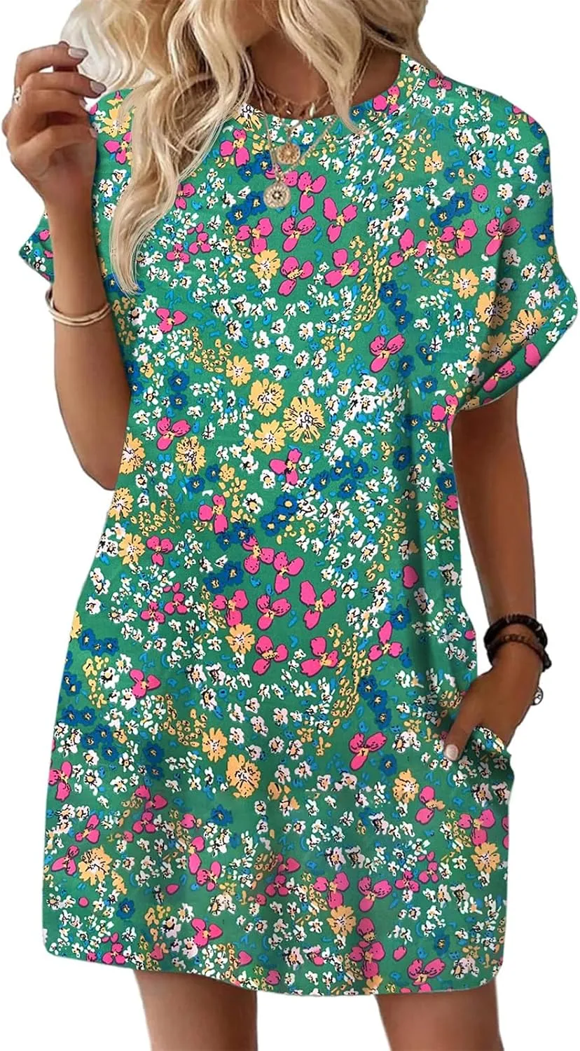 Wenrine Womens Summer Dress 2025 Floral T Shirt Dress Casual Cap Sleeve Crewneck Loose Boho Shift Mini Dresses