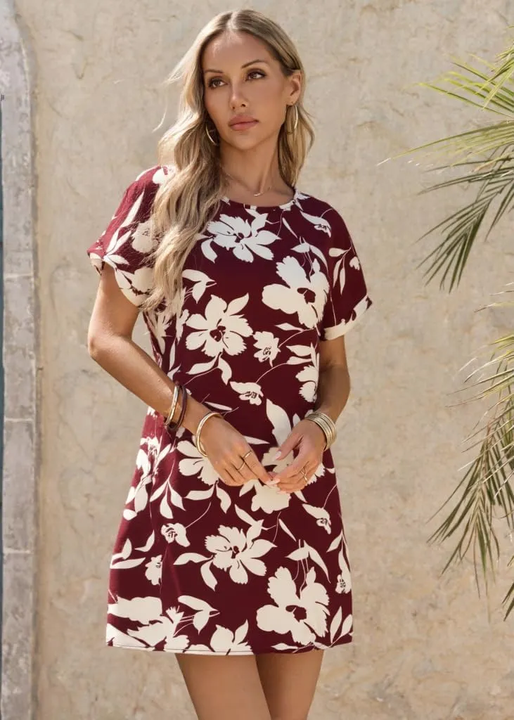 Wenrine Womens Summer Dress 2025 Floral T Shirt Dress Casual Cap Sleeve Crewneck Loose Boho Shift Mini Dresses
