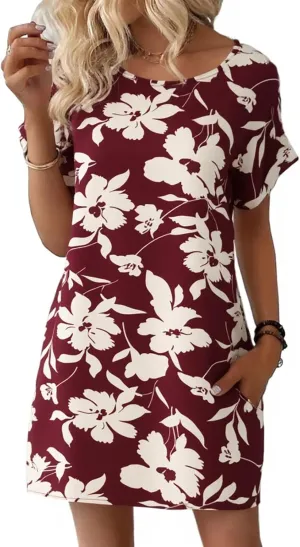 Wenrine Womens Summer Dress 2025 Floral T Shirt Dress Casual Cap Sleeve Crewneck Loose Boho Shift Mini Dresses