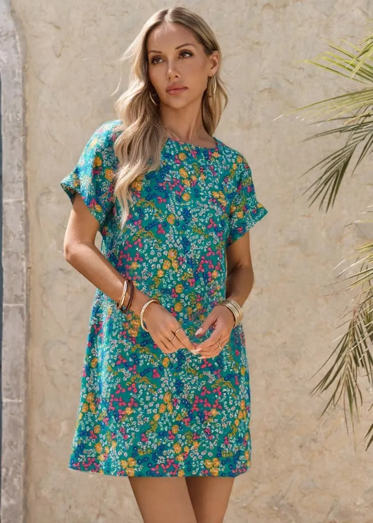 Wenrine Womens Summer Dress 2025 Floral T Shirt Dress Casual Cap Sleeve Crewneck Loose Boho Shift Mini Dresses
