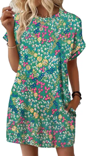 Wenrine Womens Summer Dress 2025 Floral T Shirt Dress Casual Cap Sleeve Crewneck Loose Boho Shift Mini Dresses