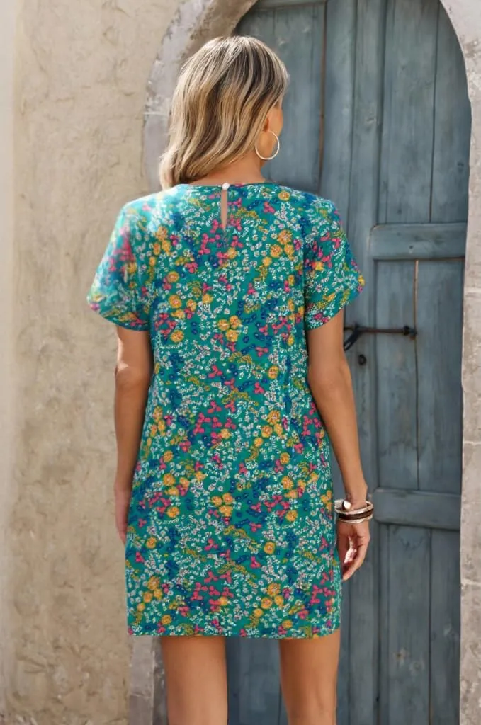 Wenrine Womens Summer Dress 2025 Floral T Shirt Dress Casual Cap Sleeve Crewneck Loose Boho Shift Mini Dresses