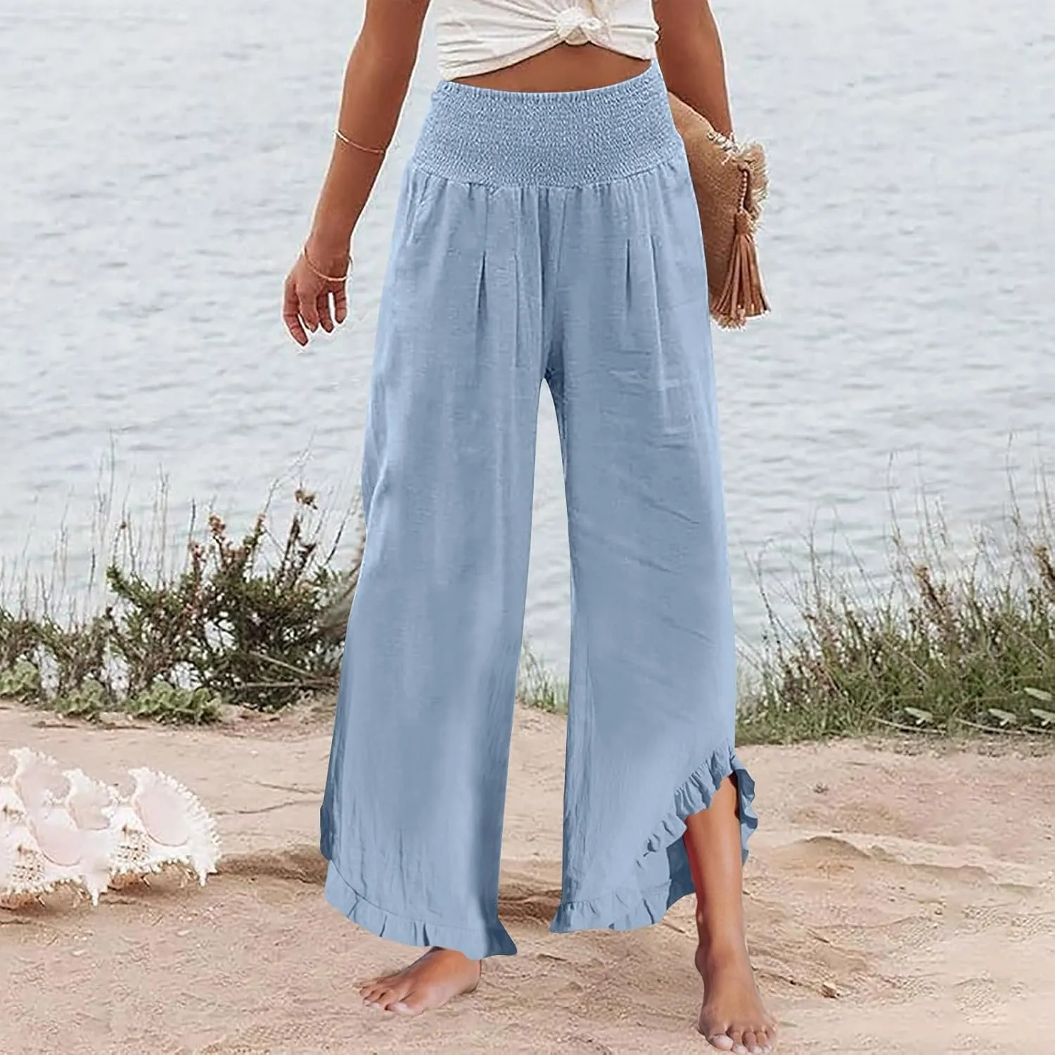 Wide Leg Linen Pants for Women Stretch Smocked High Waisted Ruffle Hem Flowy Beach Palazzo Trousers with Pocket
