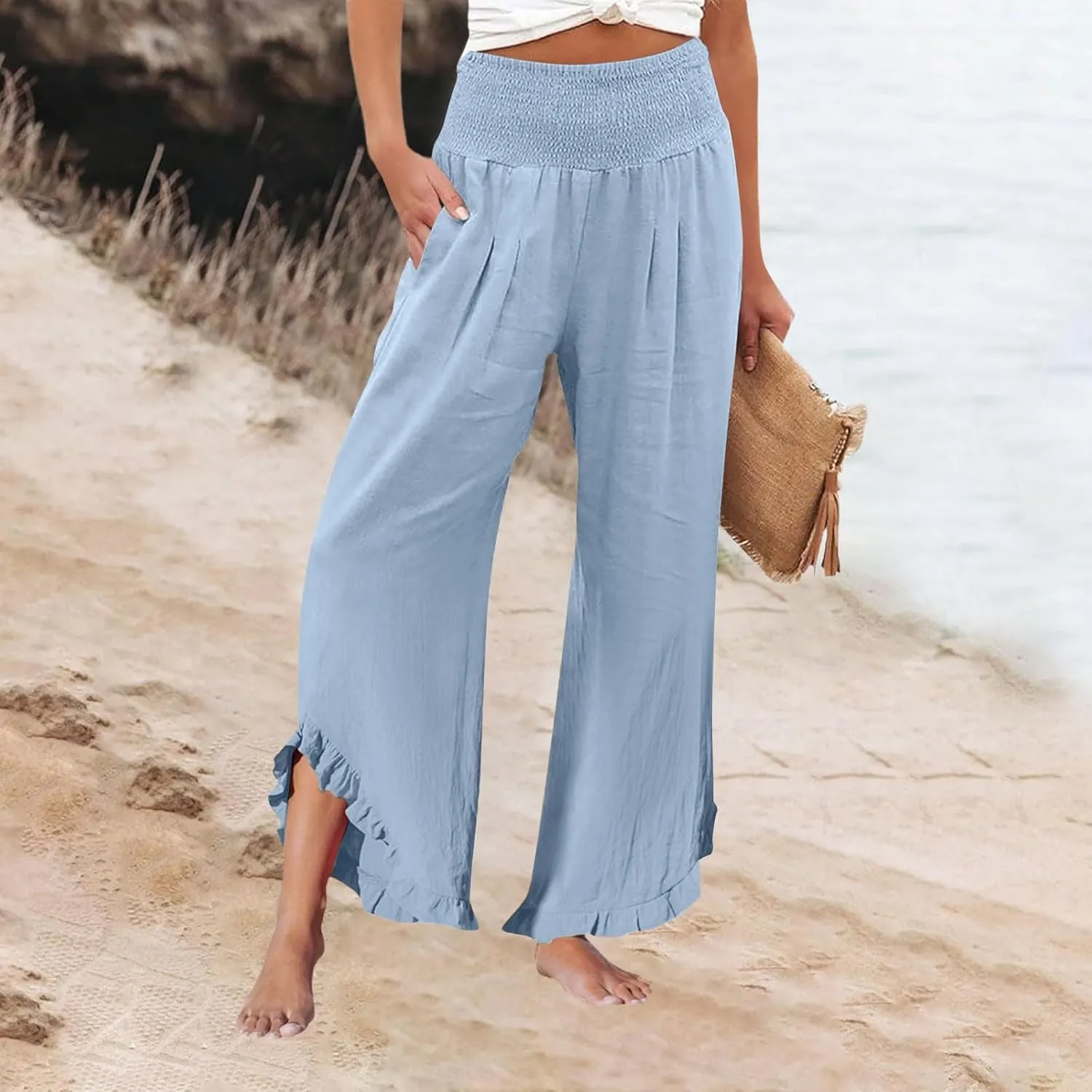 Wide Leg Linen Pants for Women Stretch Smocked High Waisted Ruffle Hem Flowy Beach Palazzo Trousers with Pocket