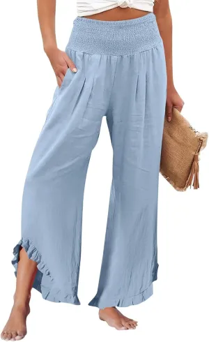 Wide Leg Linen Pants for Women Stretch Smocked High Waisted Ruffle Hem Flowy Beach Palazzo Trousers with Pocket
