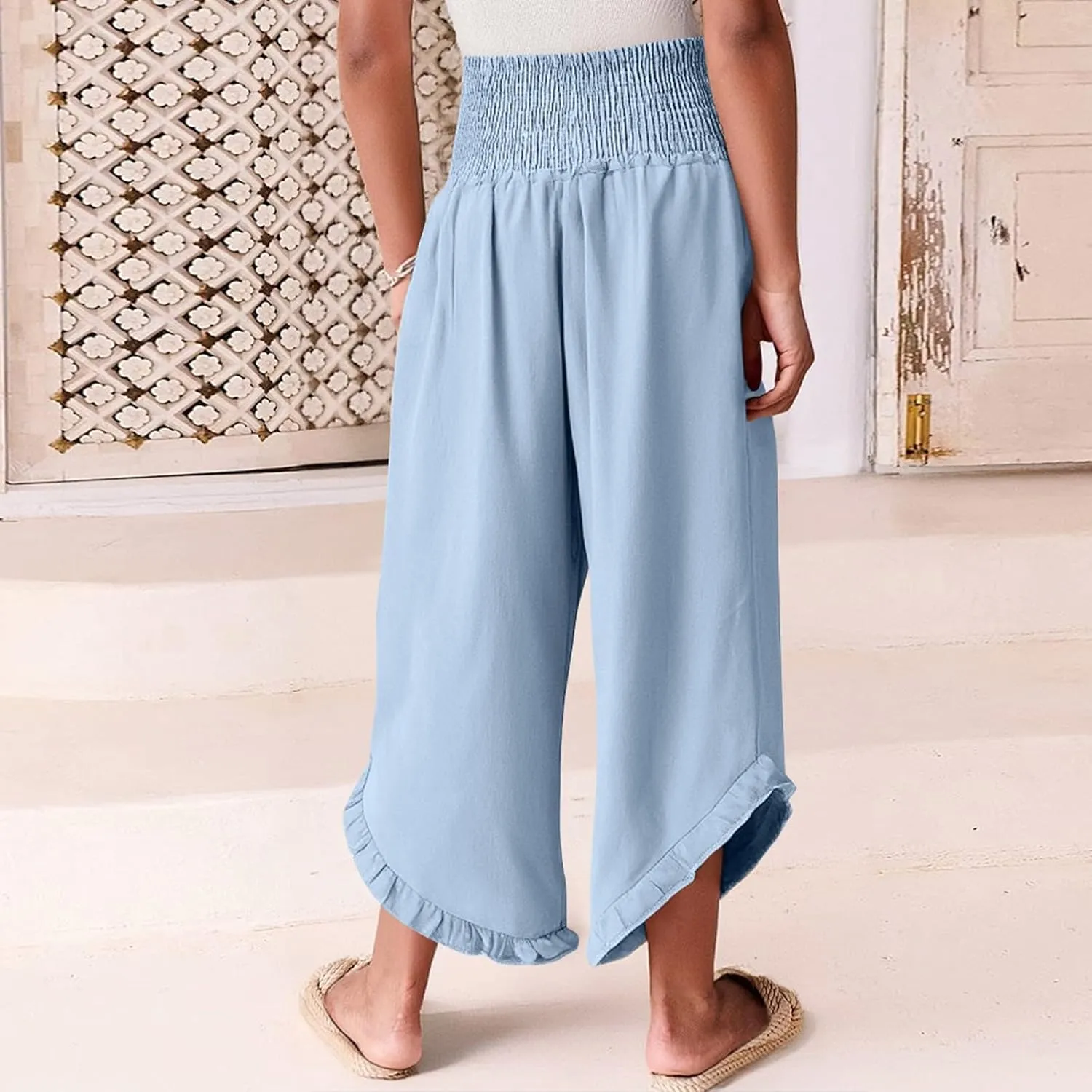 Wide Leg Linen Pants for Women Stretch Smocked High Waisted Ruffle Hem Flowy Beach Palazzo Trousers with Pocket