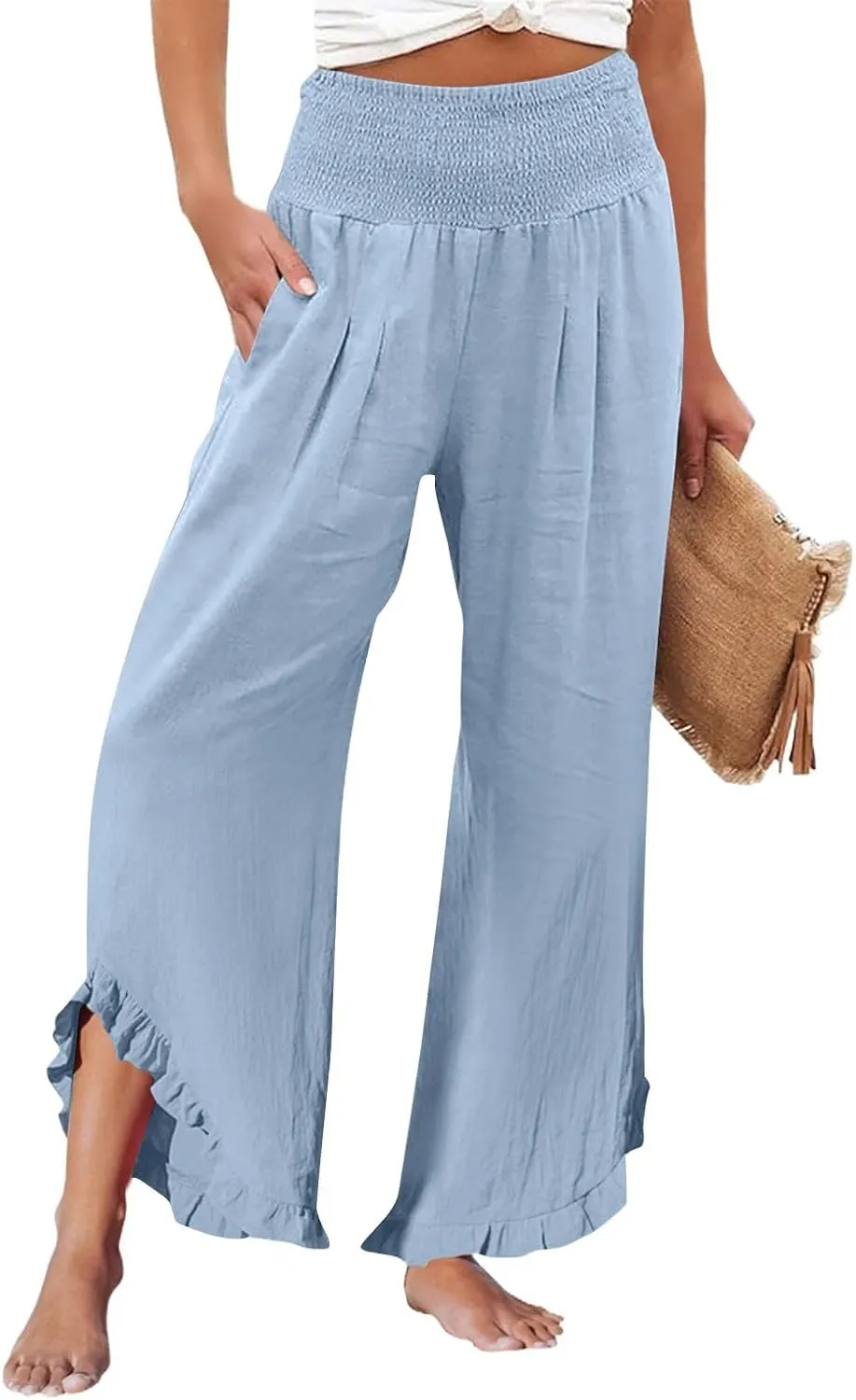 Wide Leg Linen Pants for Women Stretch Smocked High Waisted Ruffle Hem Flowy Beach Palazzo Trousers with Pocket