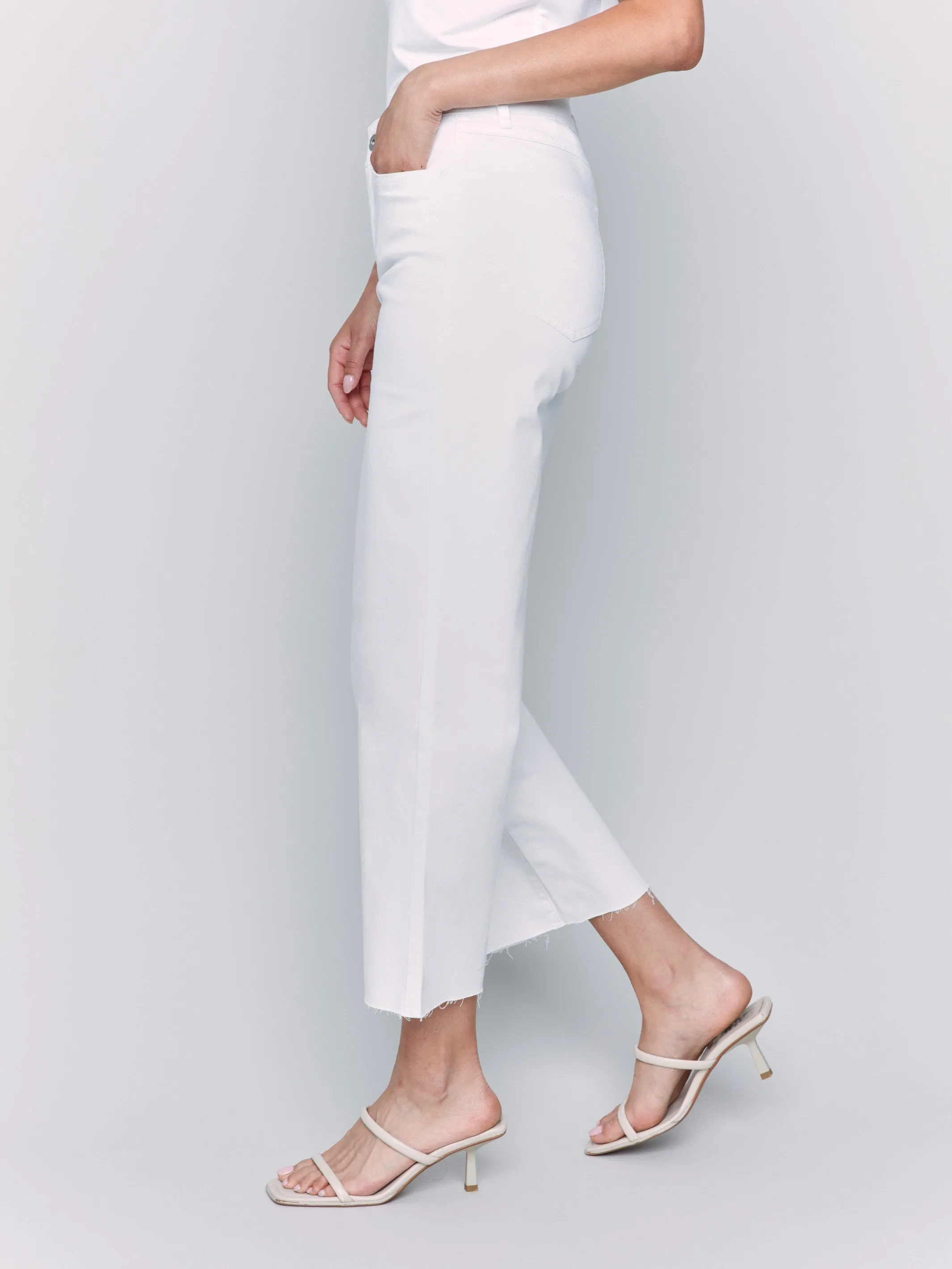 Wide Leg Twill Pants With Raw Edge - White