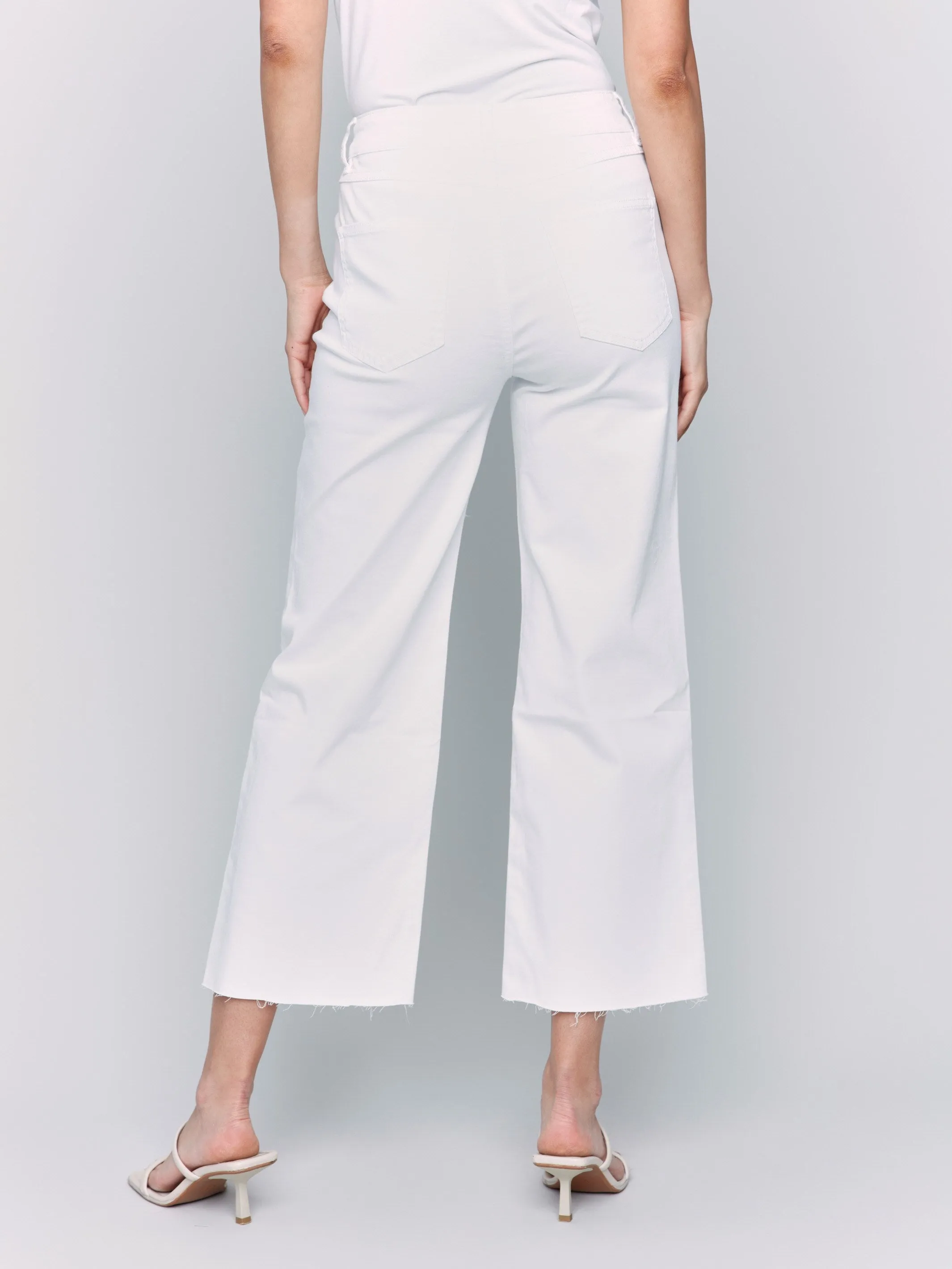 Wide Leg Twill Pants With Raw Edge - White