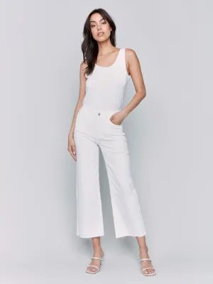 Wide Leg Twill Pants With Raw Edge - White