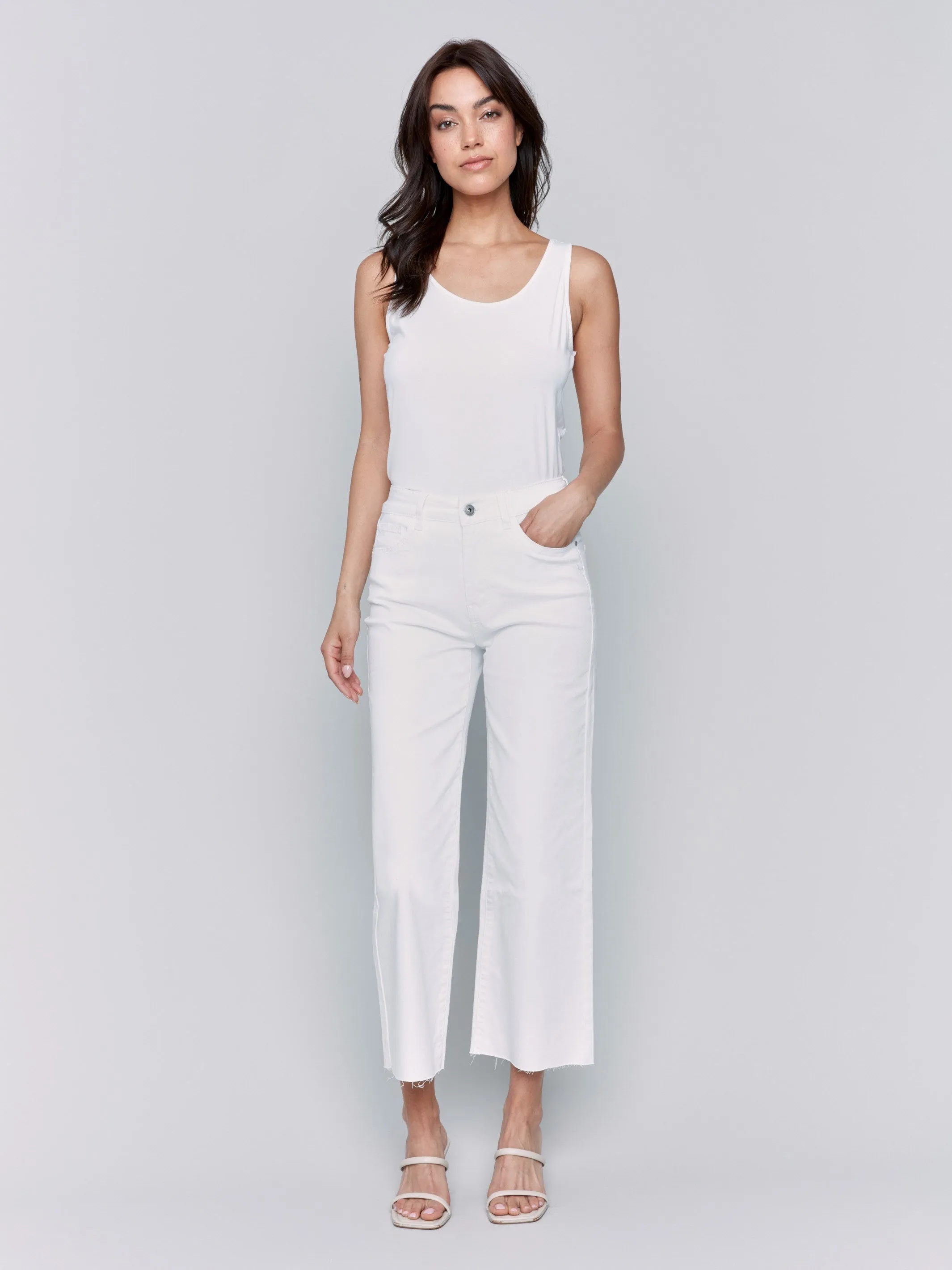 Wide Leg Twill Pants With Raw Edge - White