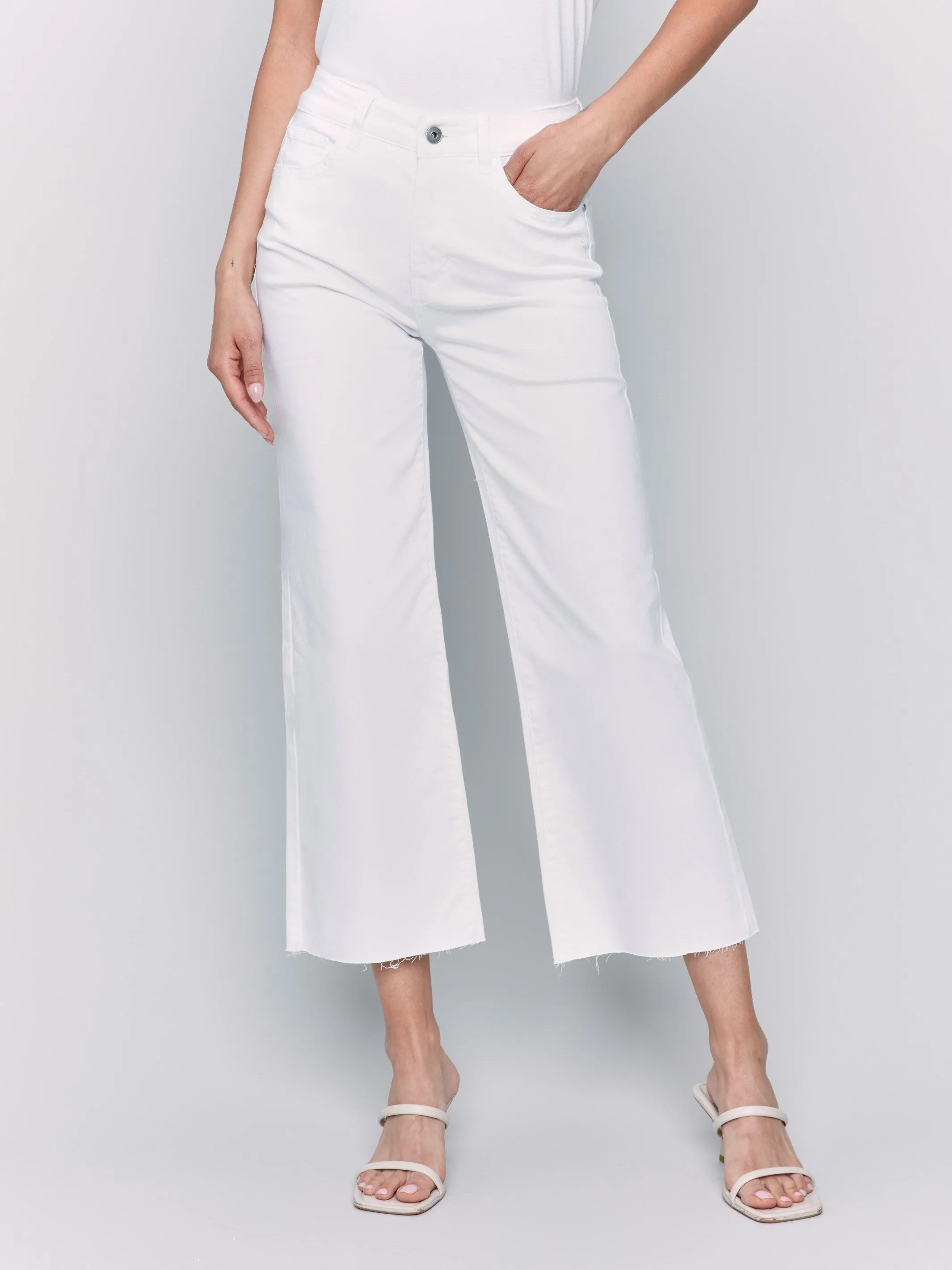 Wide Leg Twill Pants With Raw Edge - White