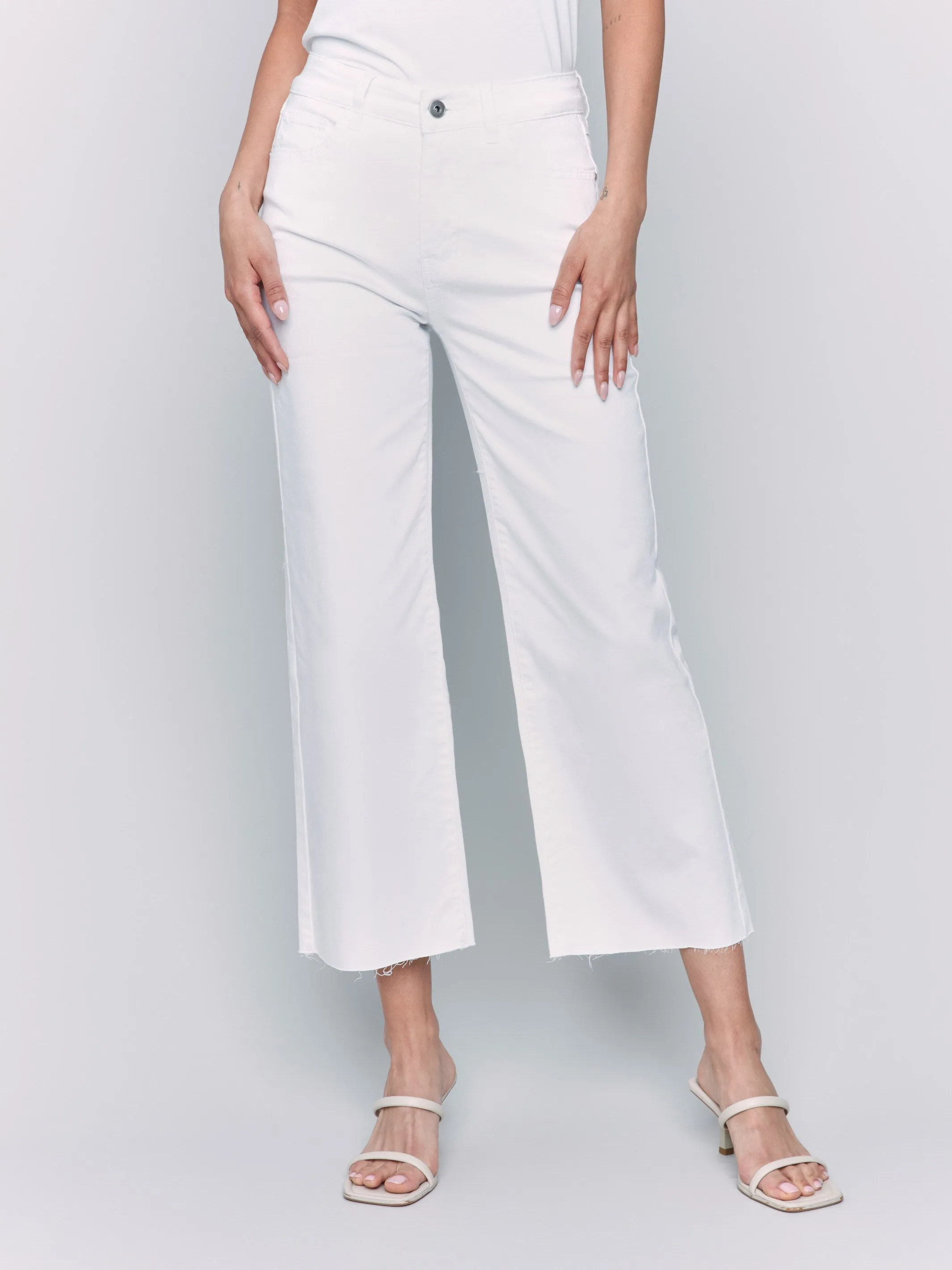 Wide Leg Twill Pants With Raw Edge - White