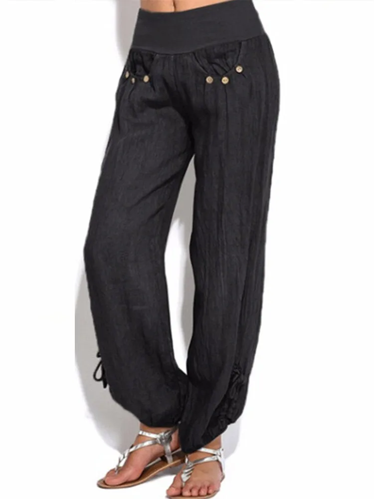 Women Casual High Waist Solid Color Button Yoga Harem Pants