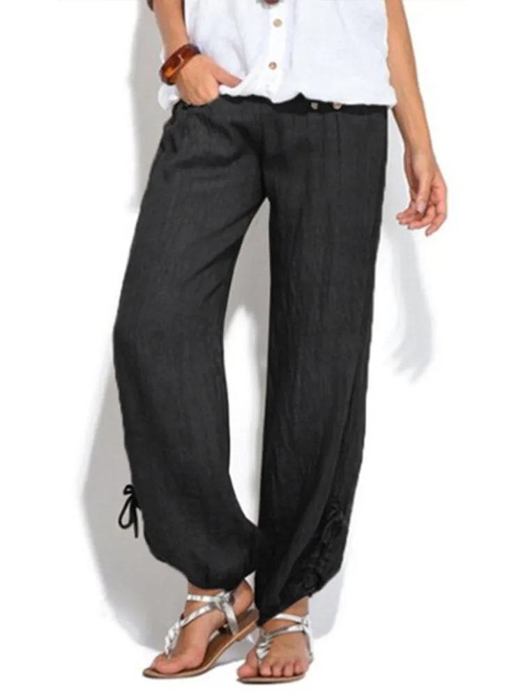 Women Casual High Waist Solid Color Button Yoga Harem Pants