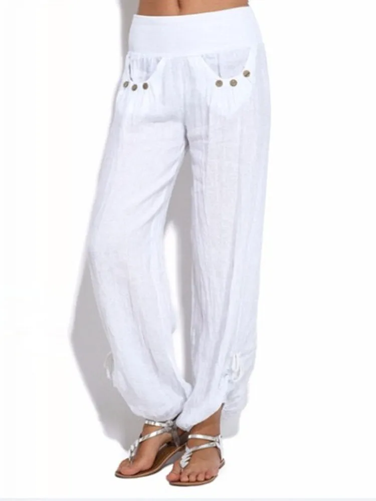 Women Casual High Waist Solid Color Button Yoga Harem Pants