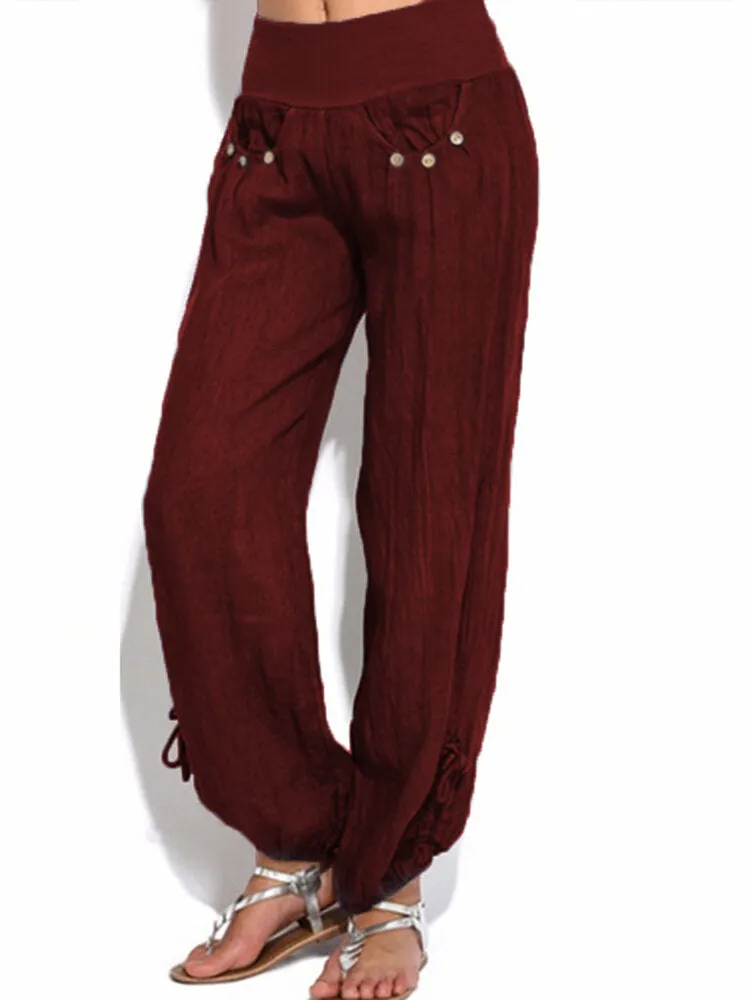 Women Casual High Waist Solid Color Button Yoga Harem Pants