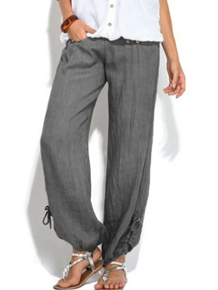 Women Casual High Waist Solid Color Button Yoga Harem Pants