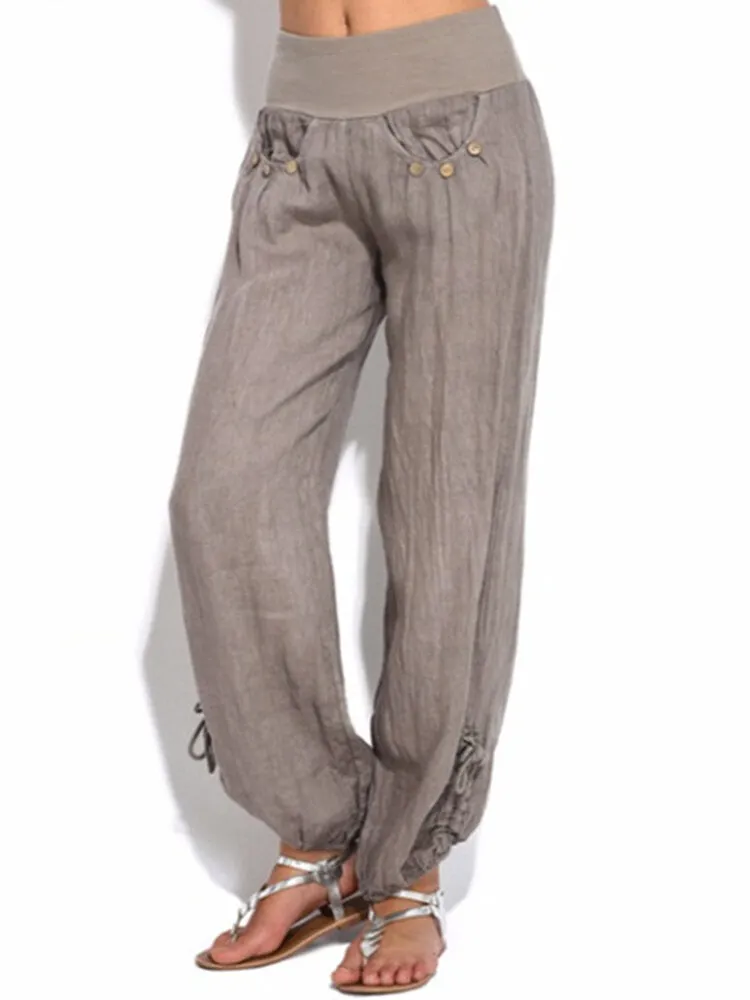 Women Casual High Waist Solid Color Button Yoga Harem Pants