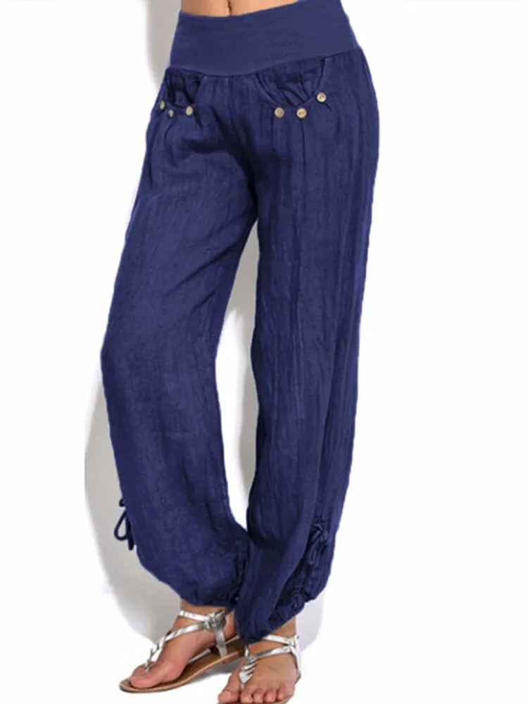 Women Casual High Waist Solid Color Button Yoga Harem Pants