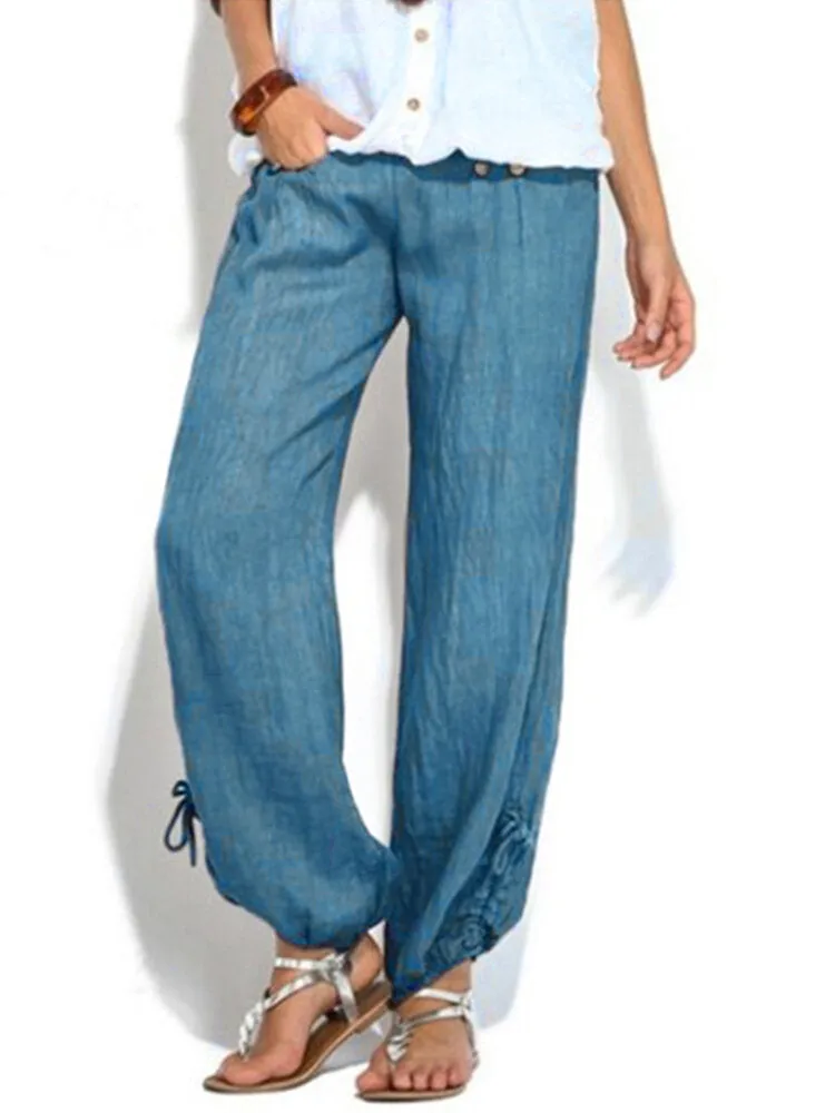 Women Casual High Waist Solid Color Button Yoga Harem Pants