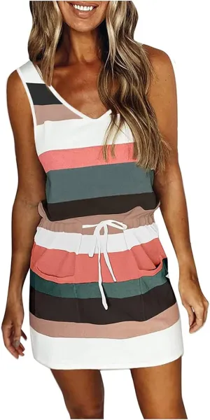 Women Casual Stripe Sundress V-Neck Sleeveless Beach Mini Dress Loose Drawstring Waist Short Dresses with Pockets