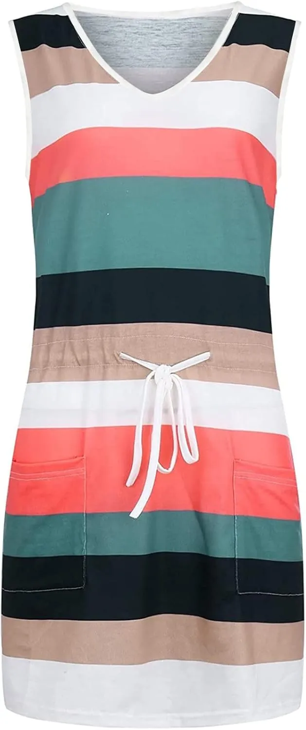 Women Casual Stripe Sundress V-Neck Sleeveless Beach Mini Dress Loose Drawstring Waist Short Dresses with Pockets