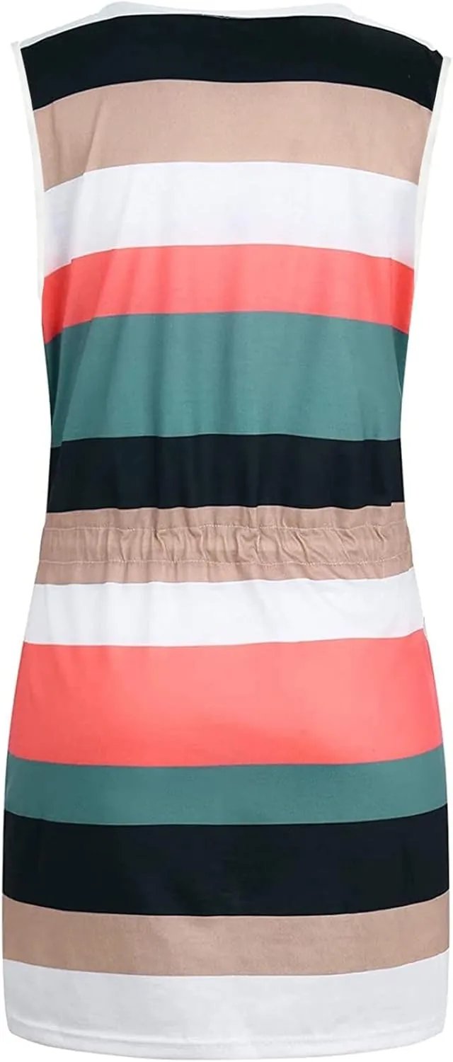 Women Casual Stripe Sundress V-Neck Sleeveless Beach Mini Dress Loose Drawstring Waist Short Dresses with Pockets