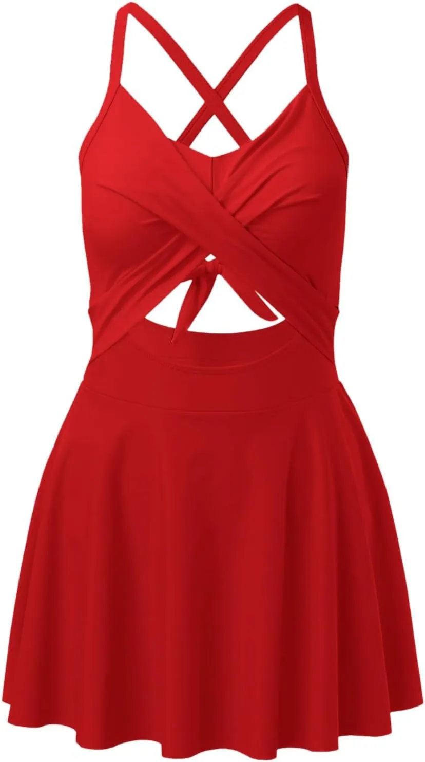 Women Cutout One PC Skirt Swimsuit V Neck Wrap Tie Back Swimdress Bathing Suits Sequin Bikini
