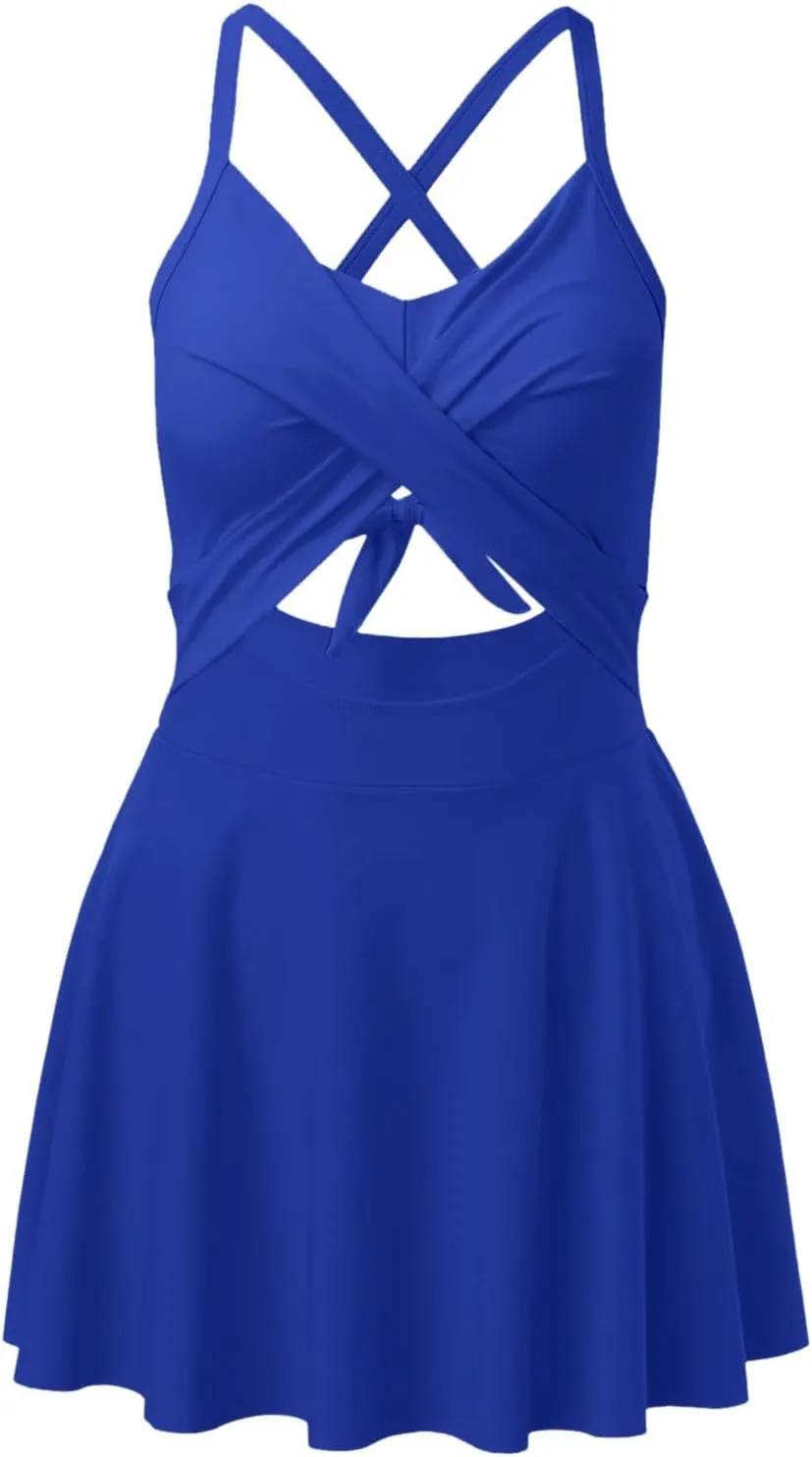 Women Cutout One PC Skirt Swimsuit V Neck Wrap Tie Back Swimdress Bathing Suits Sequin Bikini