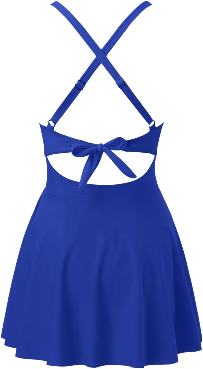 Women Cutout One PC Skirt Swimsuit V Neck Wrap Tie Back Swimdress Bathing Suits Sequin Bikini