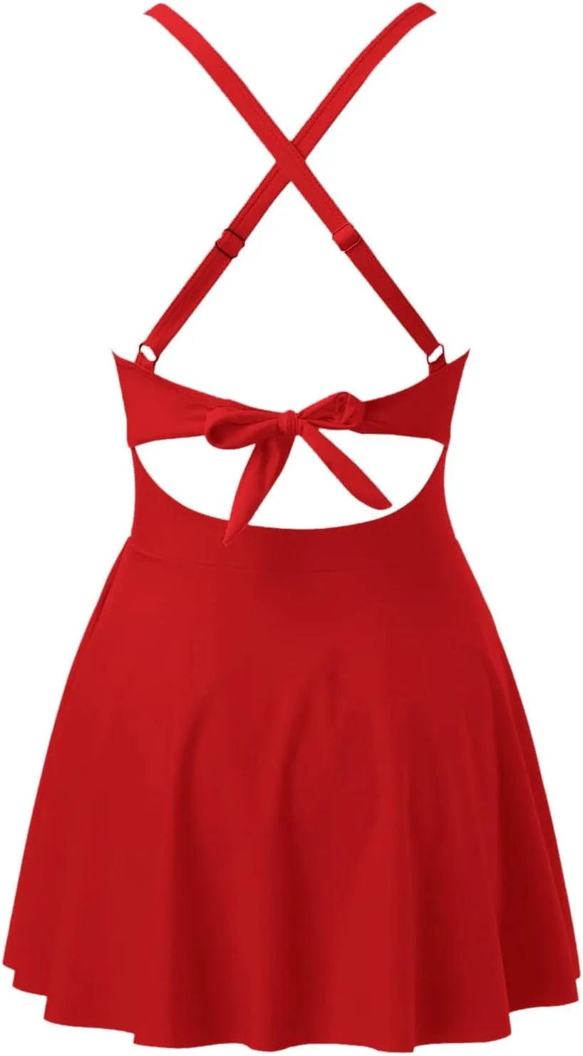 Women Cutout One PC Skirt Swimsuit V Neck Wrap Tie Back Swimdress Bathing Suits Sequin Bikini