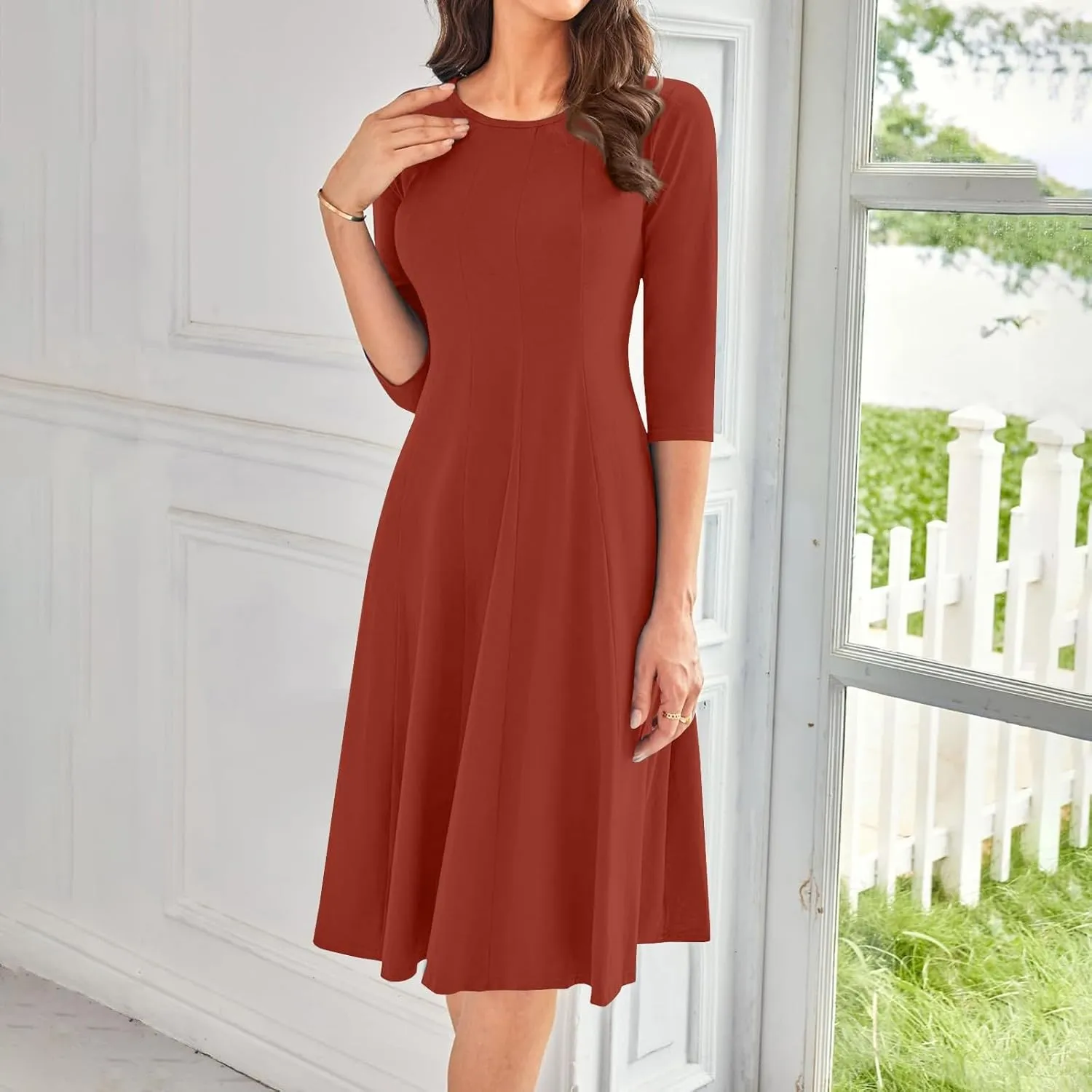 Women Fall Dresses Trendy 2024 Crewneck 3/4 Sleeve A Line Flowy Midi Dress with Pockets