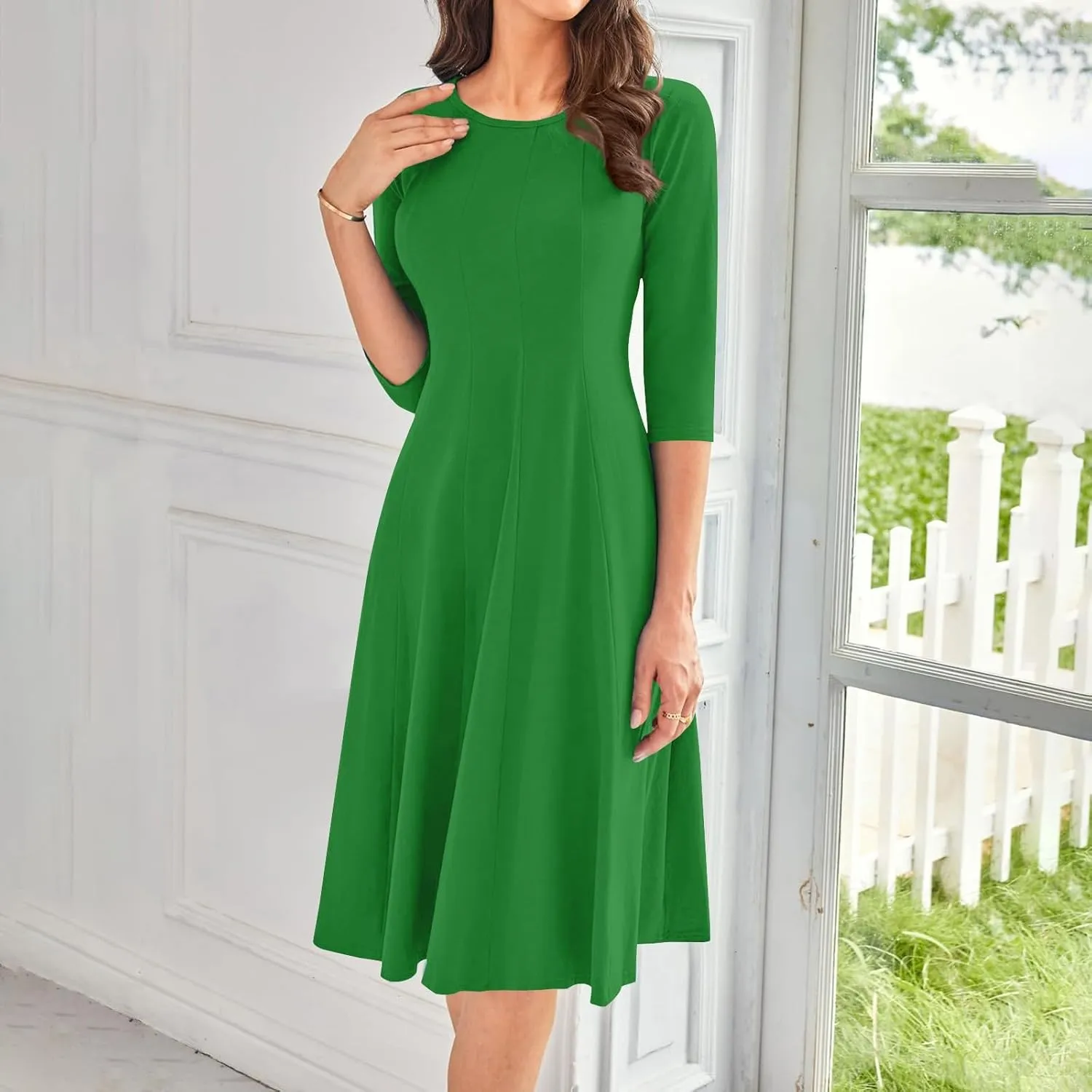 Women Fall Dresses Trendy 2024 Crewneck 3/4 Sleeve A Line Flowy Midi Dress with Pockets